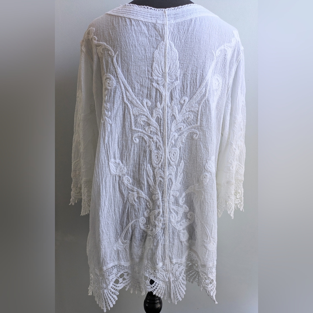 Chico's White100% Cotton Tunic with Embroidery and Scalloped Hem Size 2(L/12) - Picture 5 of 13